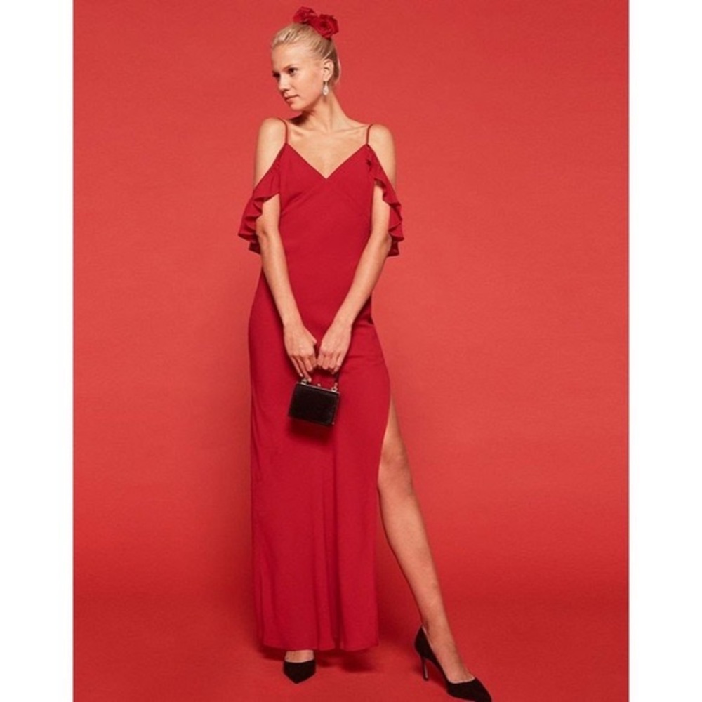 NWT Reformation red Ferrara dress cold shoulder ruffle-trimmed crepe maxi dress.